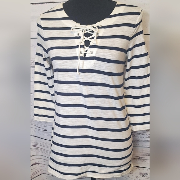 Tommy Hilfiger navy & ivory striped lace up pullover sz S/P #1447 - Picture 2 of 9